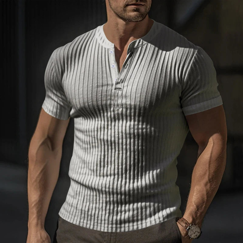 Mens T Shirt Henley Slim Fit V Neck Solid Color Ribbed Sweatshirts Summer Short Sleeve Button Men T-shirts Pullover Clothes Tops
