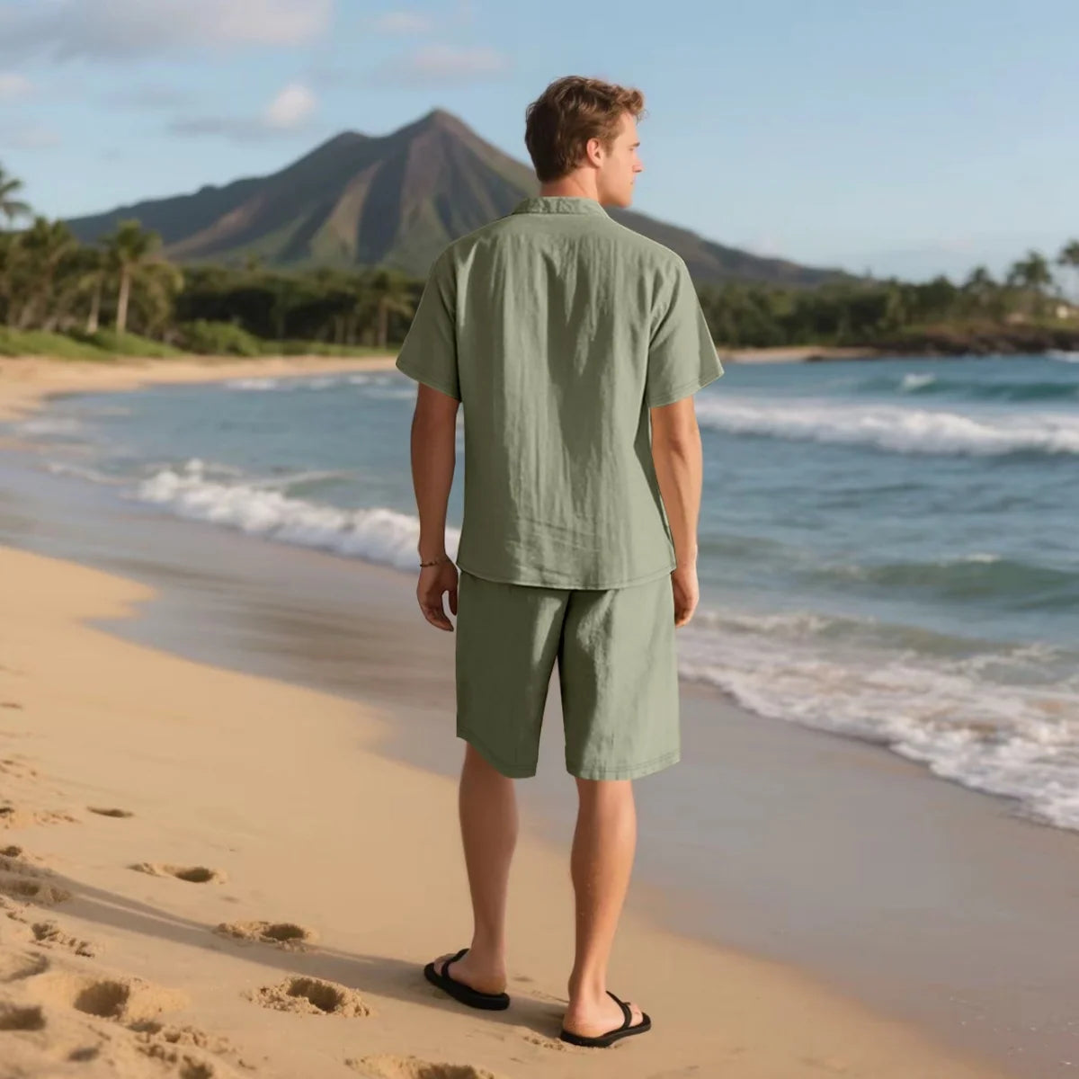 Men's Retro Summer 2-in-1 Set – Cotton & Linen Short-Sleeve Shirt and Shorts, Lightweight Beachwear