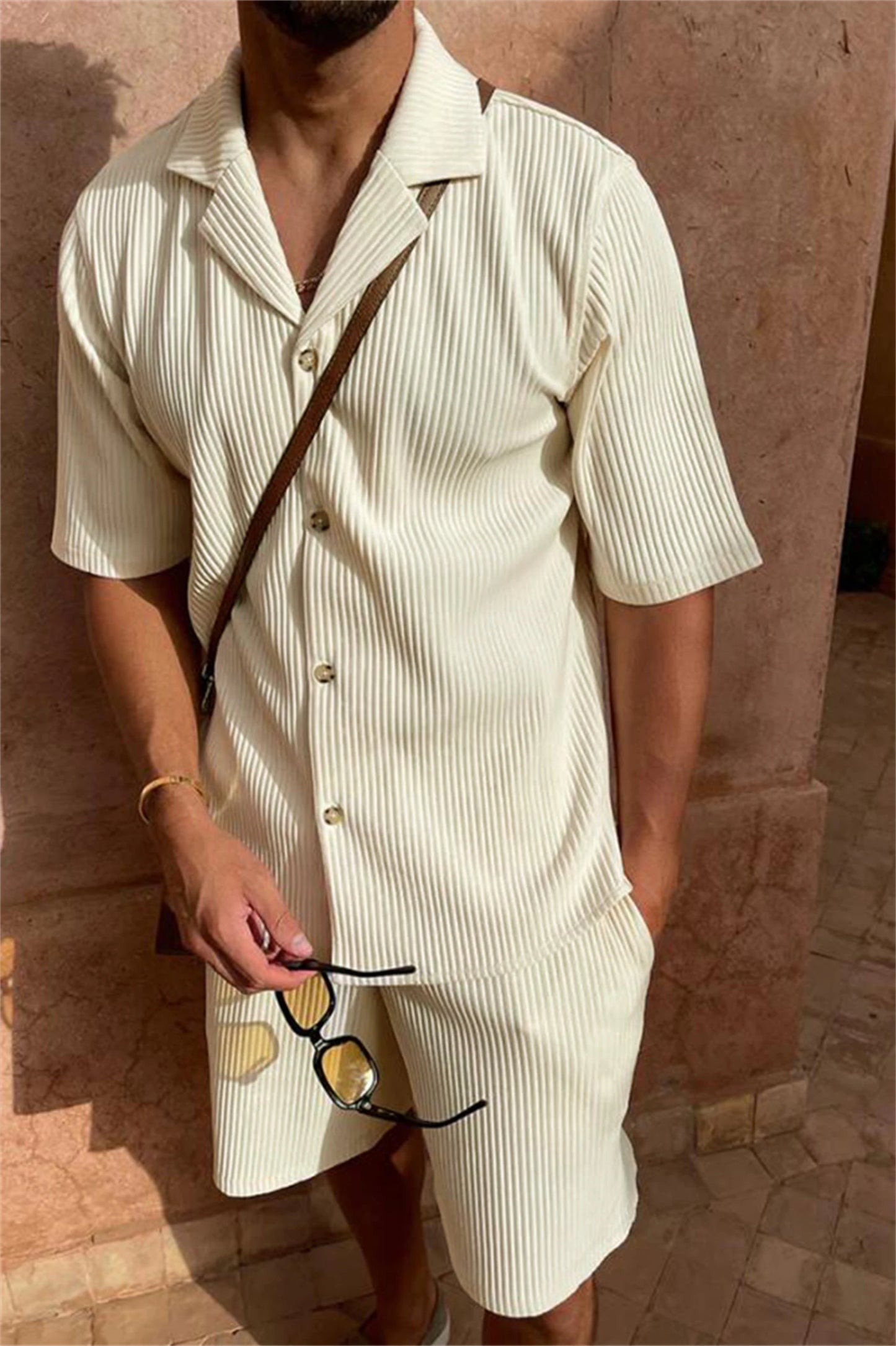 Men’s Comfy Corduroy Set – Breathable Short Sleeve Shirt & Shorts for Spring/Summer