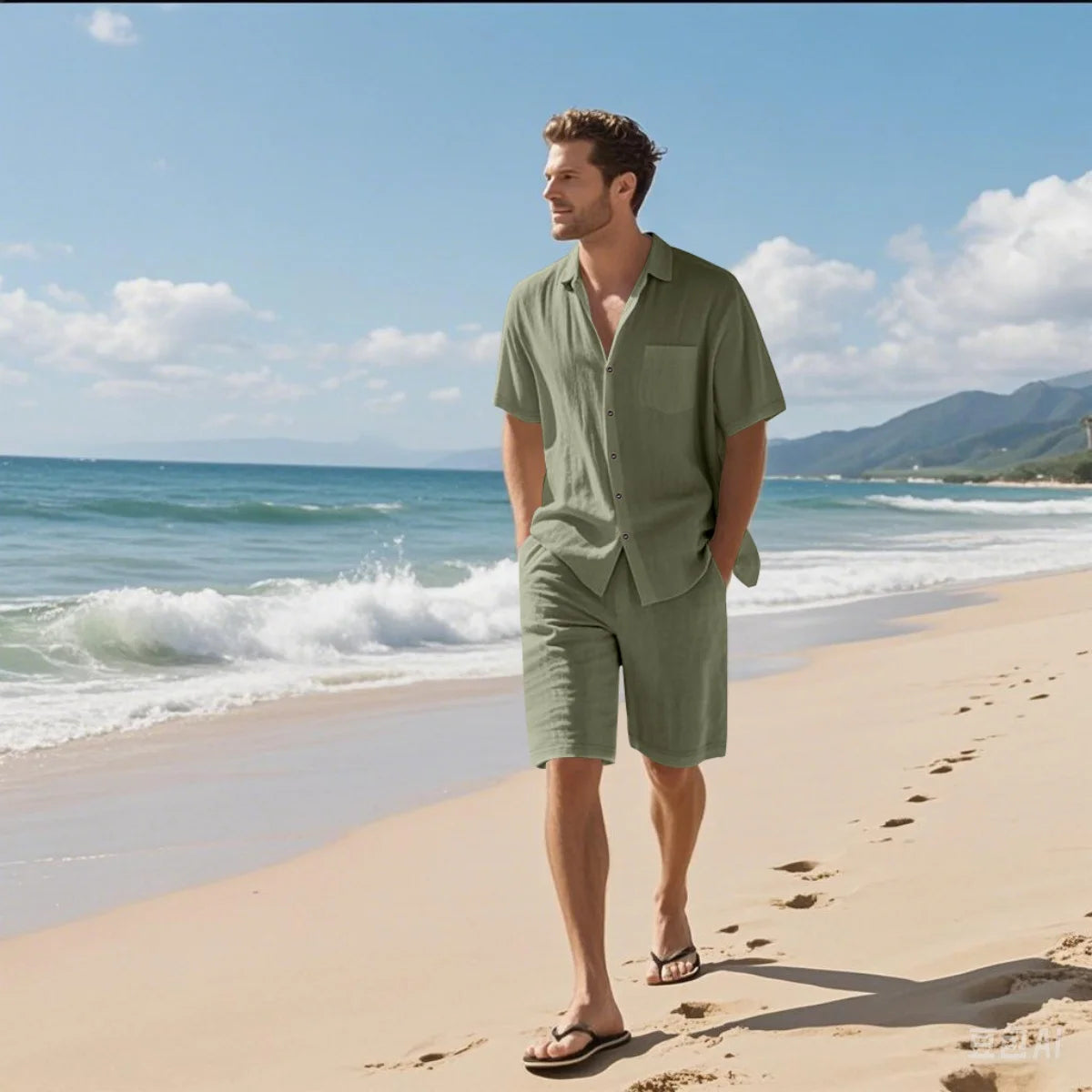 Men's Retro Summer 2-in-1 Set – Cotton & Linen Short-Sleeve Shirt and Shorts, Lightweight Beachwear