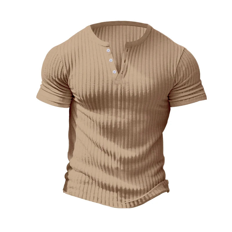 Men's Striped Knit Henley T-Shirt – Soft, Breathable & Stylish Casual Top with Short Sleeves