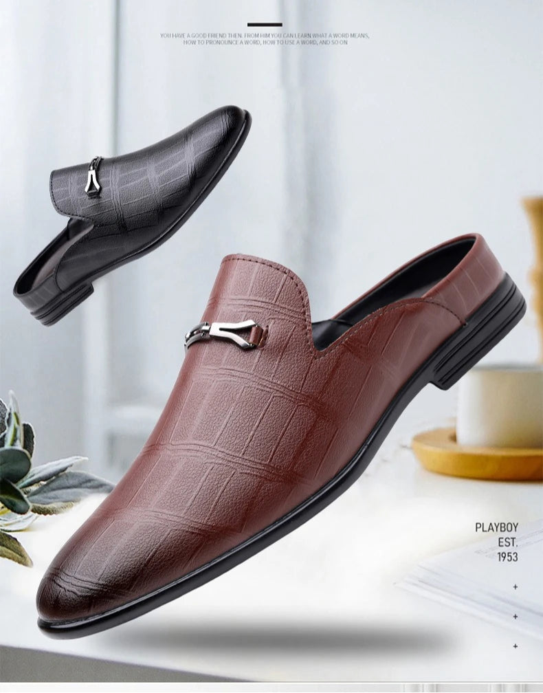 Summer New Designer Half Slippers for Men Fashion Casual Pointed-toe Dress Shoes Male Solid Color Leather Shoe Man