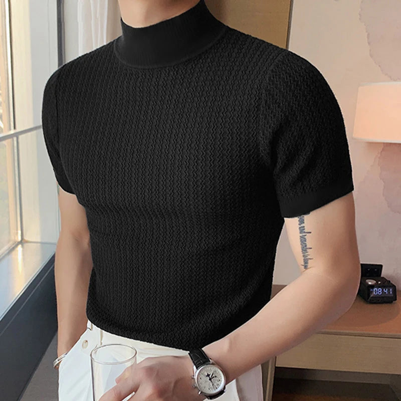 Men’s Summer Slim Fit T-Shirt – Korean Style, High-Neck, Textured Streetwear