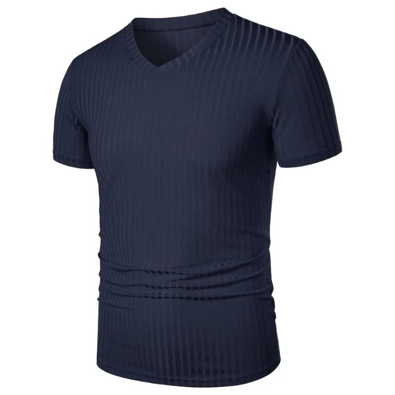 Summer Men's Short Sleeve Muscle T Shirts Stretch V Neck Bodybuilding Lightweight Streetwear Workout Tee Shirts Ribbed Shirt