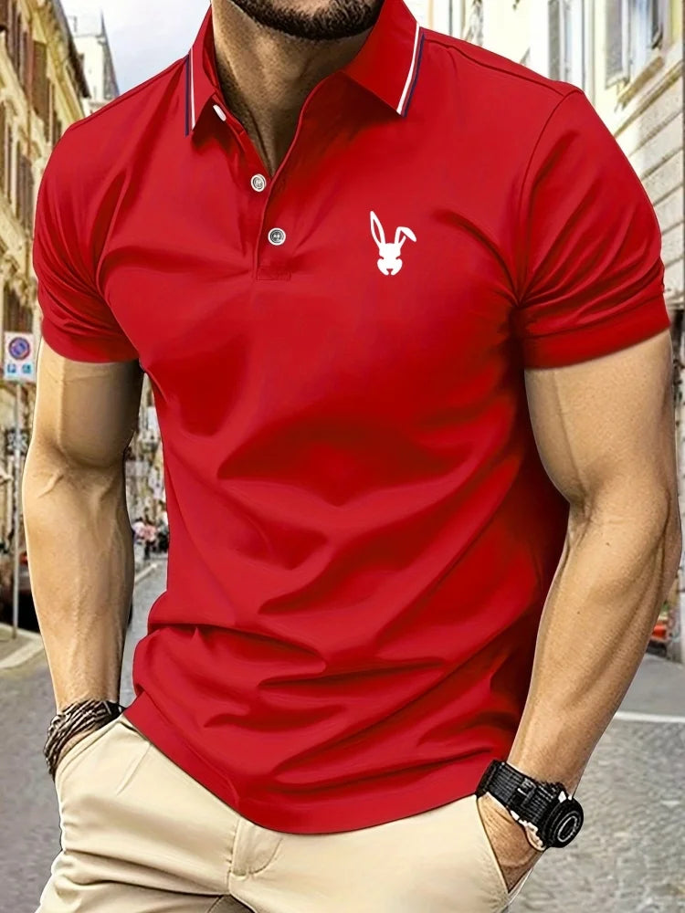 New Men's Polo Shirt 3D Rabbit Pattern Print Summer Lapel stripe Men Short Sleeve Casual Breathable Light Luxury clothes for man