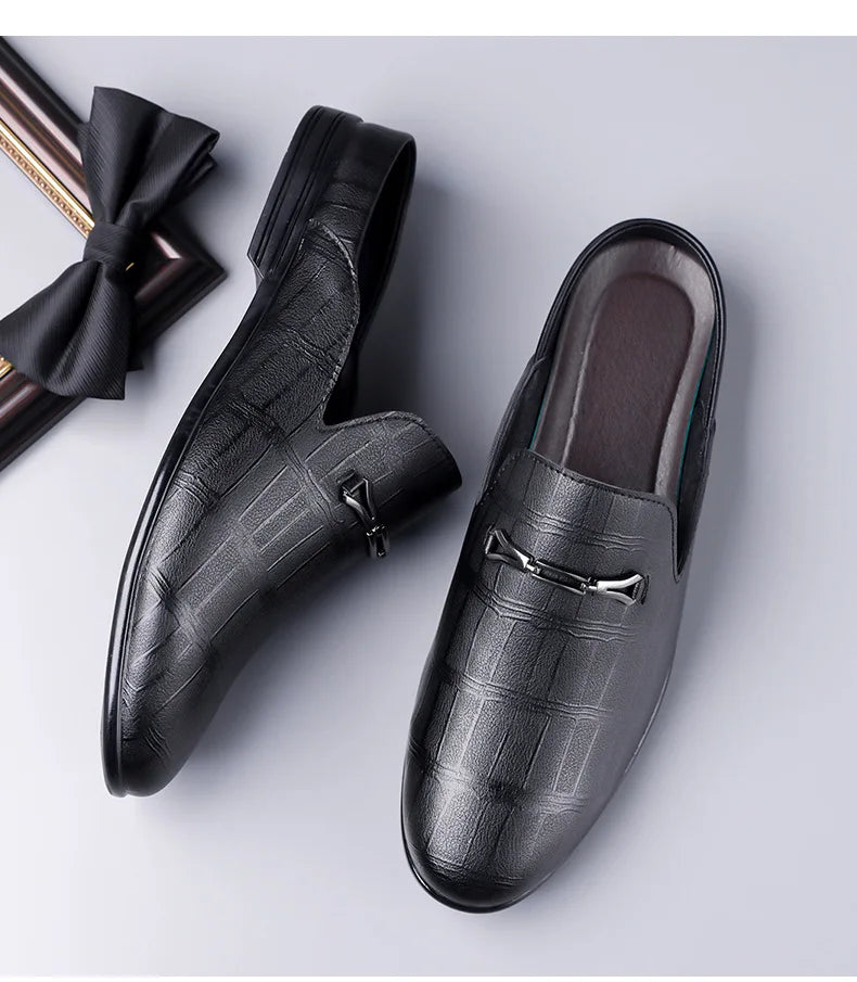 Summer New Designer Half Slippers for Men Fashion Casual Pointed-toe Dress Shoes Male Solid Color Leather Shoe Man