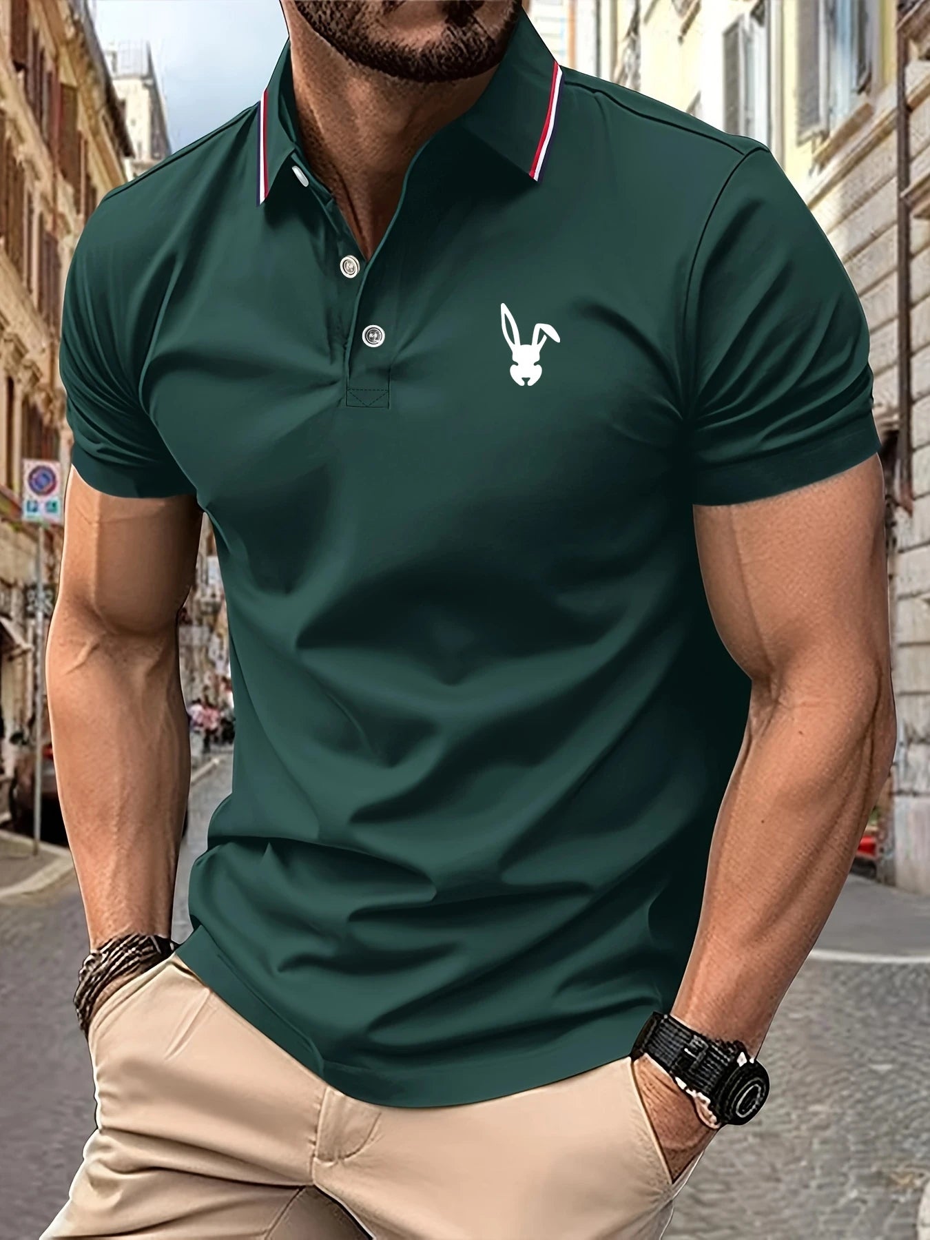 New Men's Polo Shirt 3D Rabbit Pattern Print Summer Lapel stripe Men Short Sleeve Casual Breathable Light Luxury clothes for man