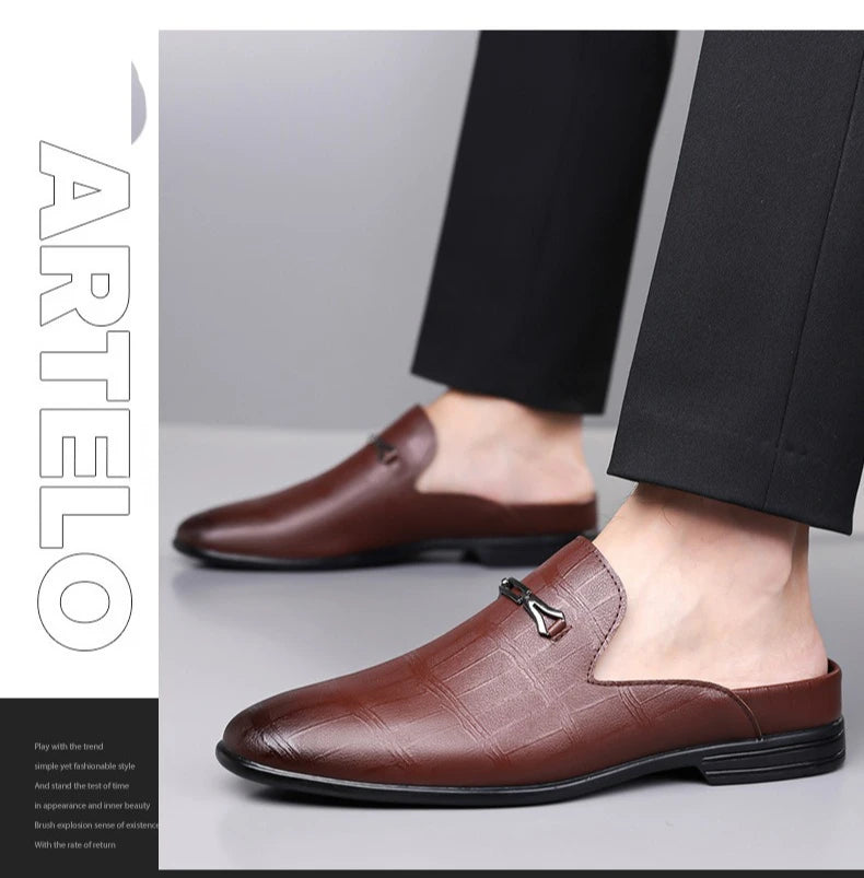 Summer New Designer Half Slippers for Men Fashion Casual Pointed-toe Dress Shoes Male Solid Color Leather Shoe Man
