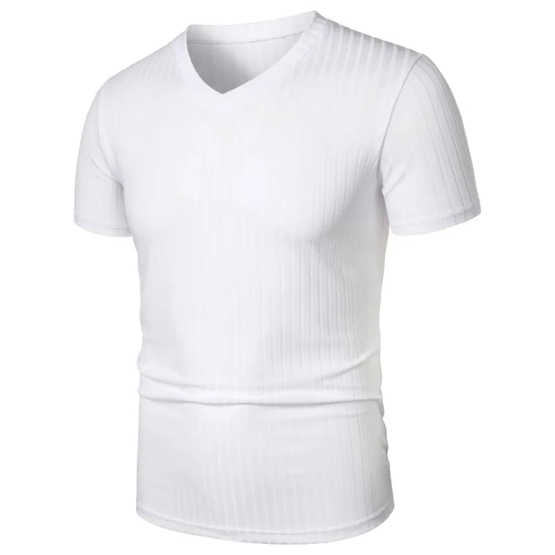 Summer Men's Short Sleeve Muscle T Shirts Stretch V Neck Bodybuilding Lightweight Streetwear Workout Tee Shirts Ribbed Shirt