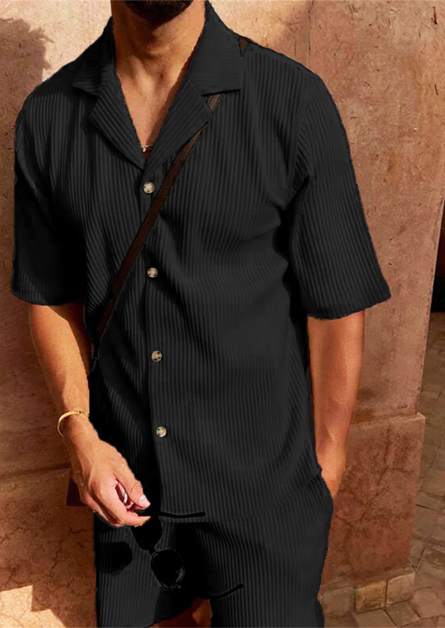 Men’s Comfy Corduroy Set – Breathable Short Sleeve Shirt & Shorts for Spring/Summer