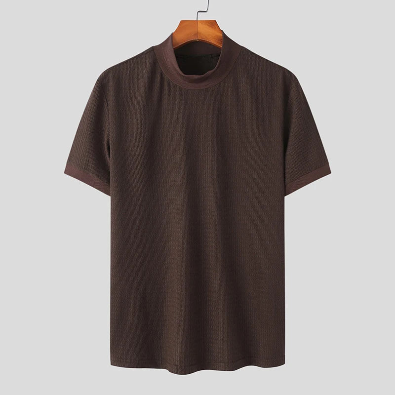 Men’s Summer Slim Fit T-Shirt – Korean Style, High-Neck, Textured Streetwear