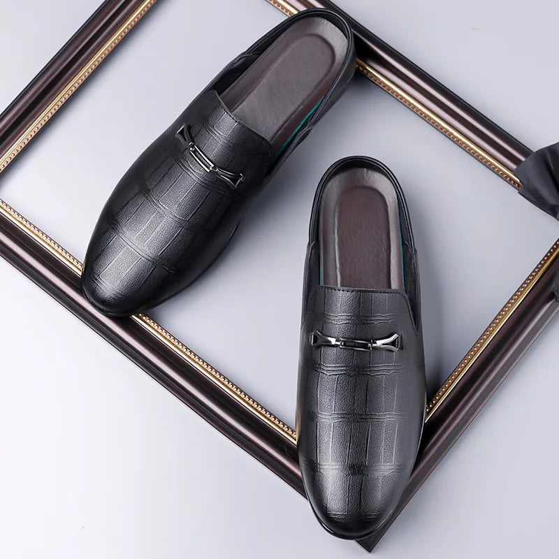 Summer New Designer Half Slippers for Men Fashion Casual Pointed-toe Dress Shoes Male Solid Color Leather Shoe Man