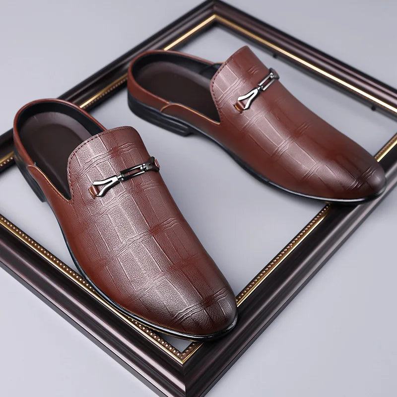 Summer New Designer Half Slippers for Men Fashion Casual Pointed-toe Dress Shoes Male Solid Color Leather Shoe Man