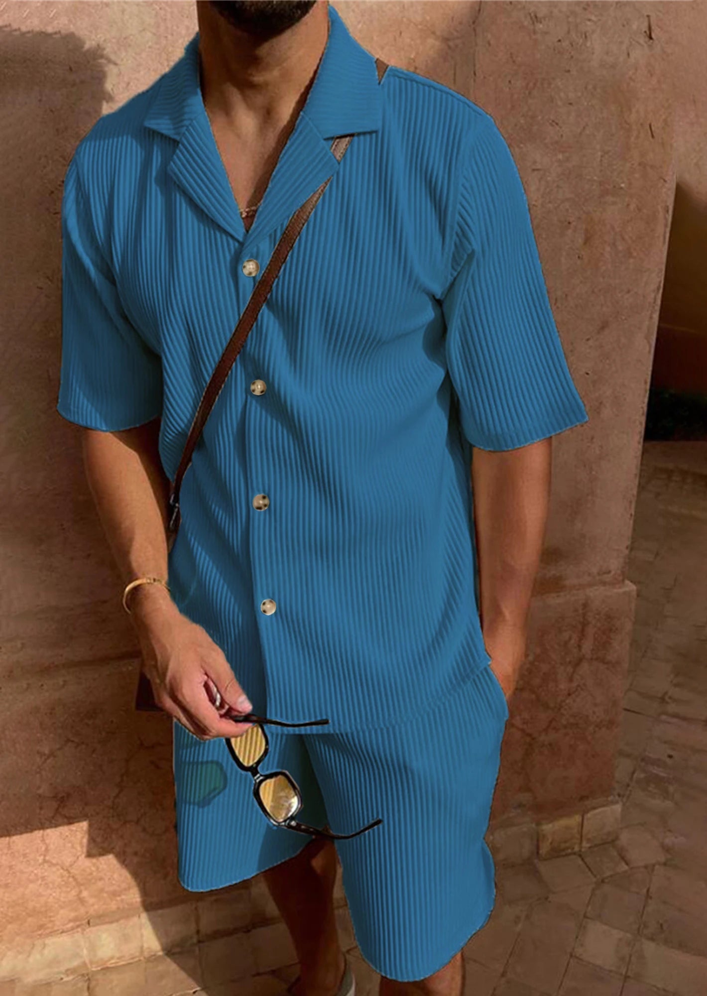 Men’s Comfy Corduroy Set – Breathable Short Sleeve Shirt & Shorts for Spring/Summer
