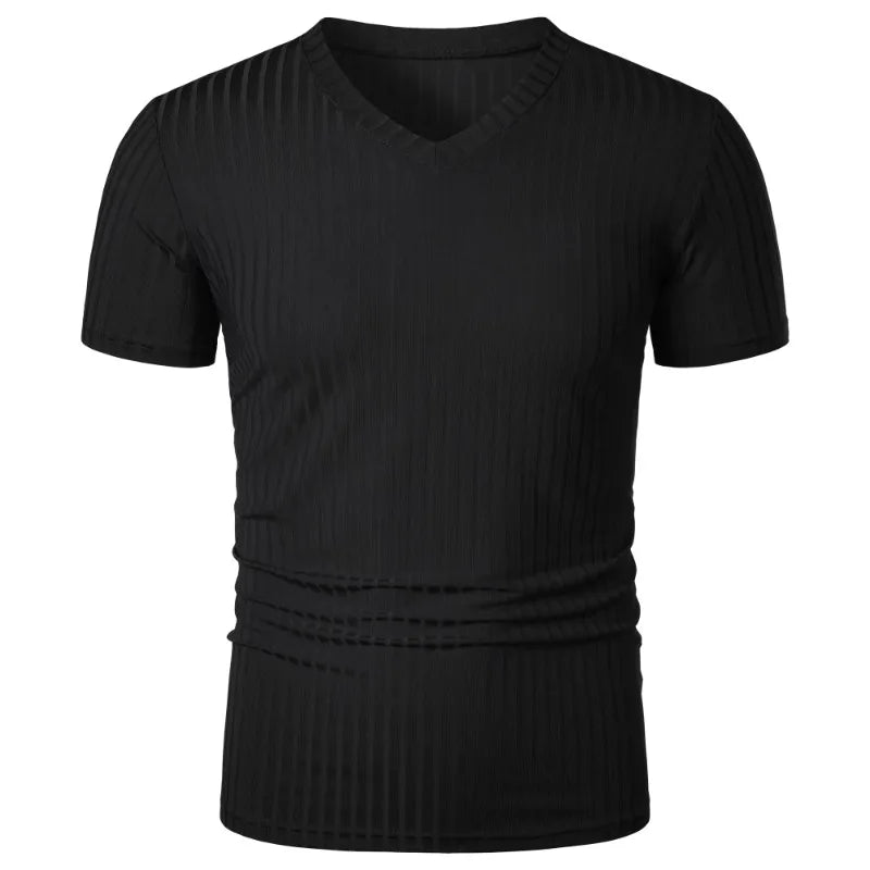 Summer Men's Short Sleeve Muscle T Shirts Stretch V Neck Bodybuilding Lightweight Streetwear Workout Tee Shirts Ribbed Shirt