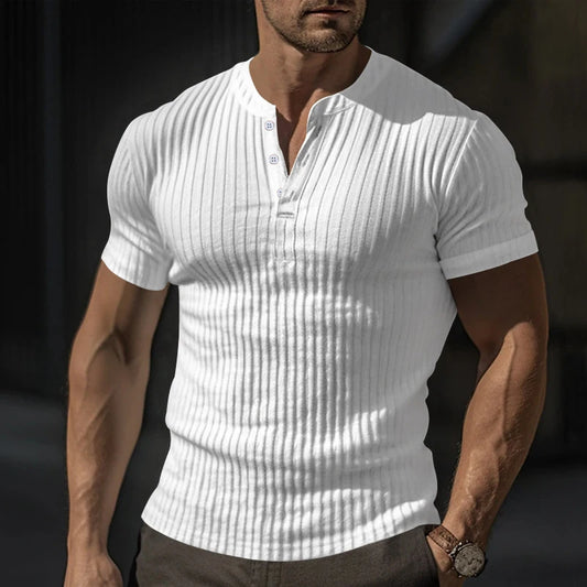 Mens T Shirt Henley Slim Fit V Neck Solid Color Ribbed Sweatshirts Summer Short Sleeve Button Men T-shirts Pullover Clothes Tops