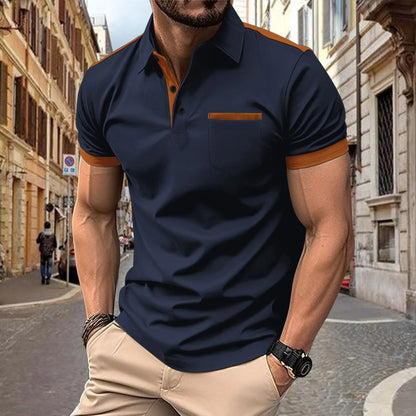 2025 New Summer Men’s Casual Polo Shirt – Short Sleeve with Chest Pocket, Lapel & Color Patchwork