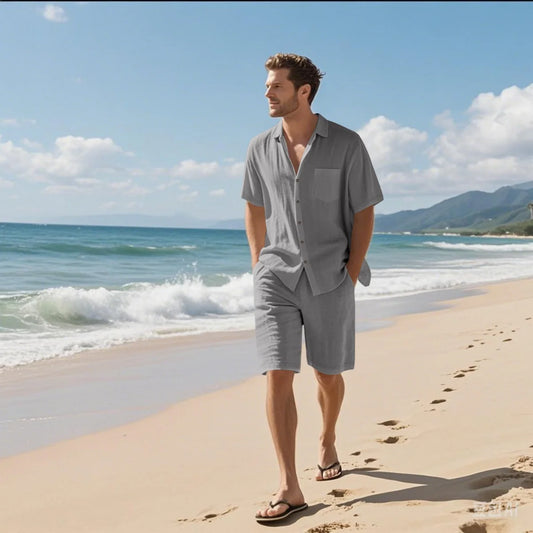Men's Retro Summer 2-in-1 Set – Cotton & Linen Short-Sleeve Shirt and Shorts, Lightweight Beachwear