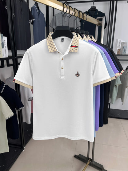 High-End Men’s Polo Shirt – Jacquard Lapel, Little Bee Embroidery & Personality Letter Design | Summer Fashion Trend