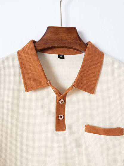 2025 new summer men's short sleeve POLO shirt Waffle color chest pocket short sleeve button T-shirt top