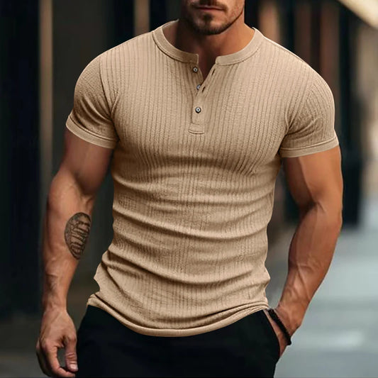 Men's Striped Knit Henley T-Shirt – Soft, Breathable & Stylish Casual Top with Short Sleeves