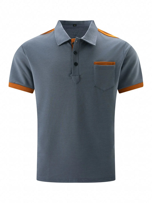 2025 New Summer Men’s Casual Polo Shirt – Short Sleeve with Chest Pocket, Lapel & Color Patchwork