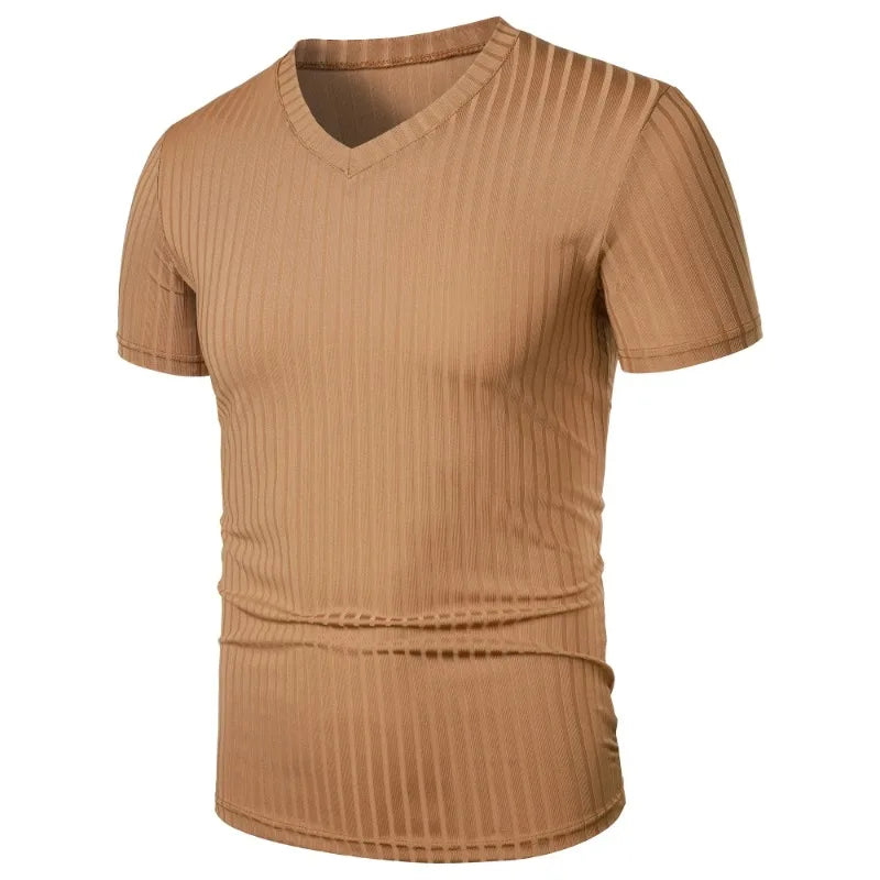 Summer Men's Short Sleeve Muscle T Shirts Stretch V Neck Bodybuilding Lightweight Streetwear Workout Tee Shirts Ribbed Shirt
