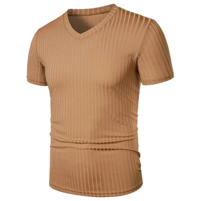 Summer Men's Short Sleeve Muscle T Shirts Stretch V Neck Bodybuilding Lightweight Streetwear Workout Tee Shirts Ribbed Shirt