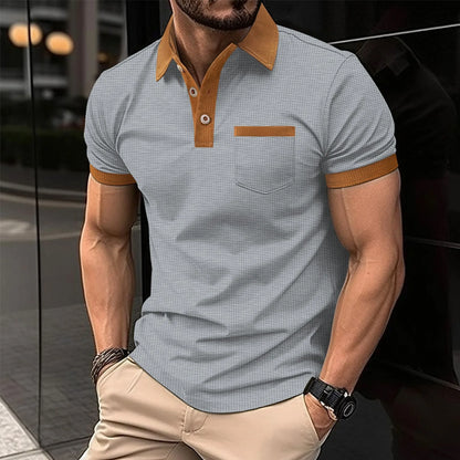 2025 new summer men's short sleeve POLO shirt Waffle color chest pocket short sleeve button T-shirt top