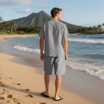Men's Retro Summer 2-in-1 Set – Cotton & Linen Short-Sleeve Shirt and Shorts, Lightweight Beachwear