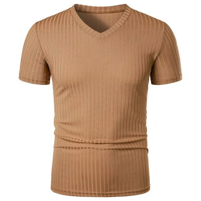 Summer Men's Short Sleeve Muscle T Shirts Stretch V Neck Bodybuilding Lightweight Streetwear Workout Tee Shirts Ribbed Shirt