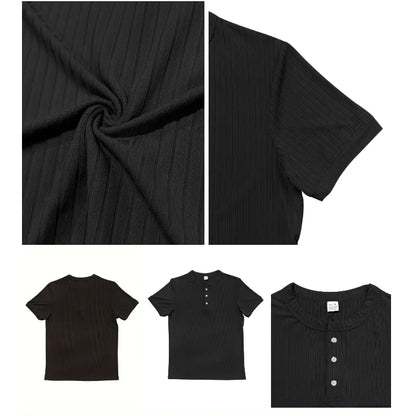 Men's Striped Knit Henley T-Shirt – Soft, Breathable & Stylish Casual Top with Short Sleeves