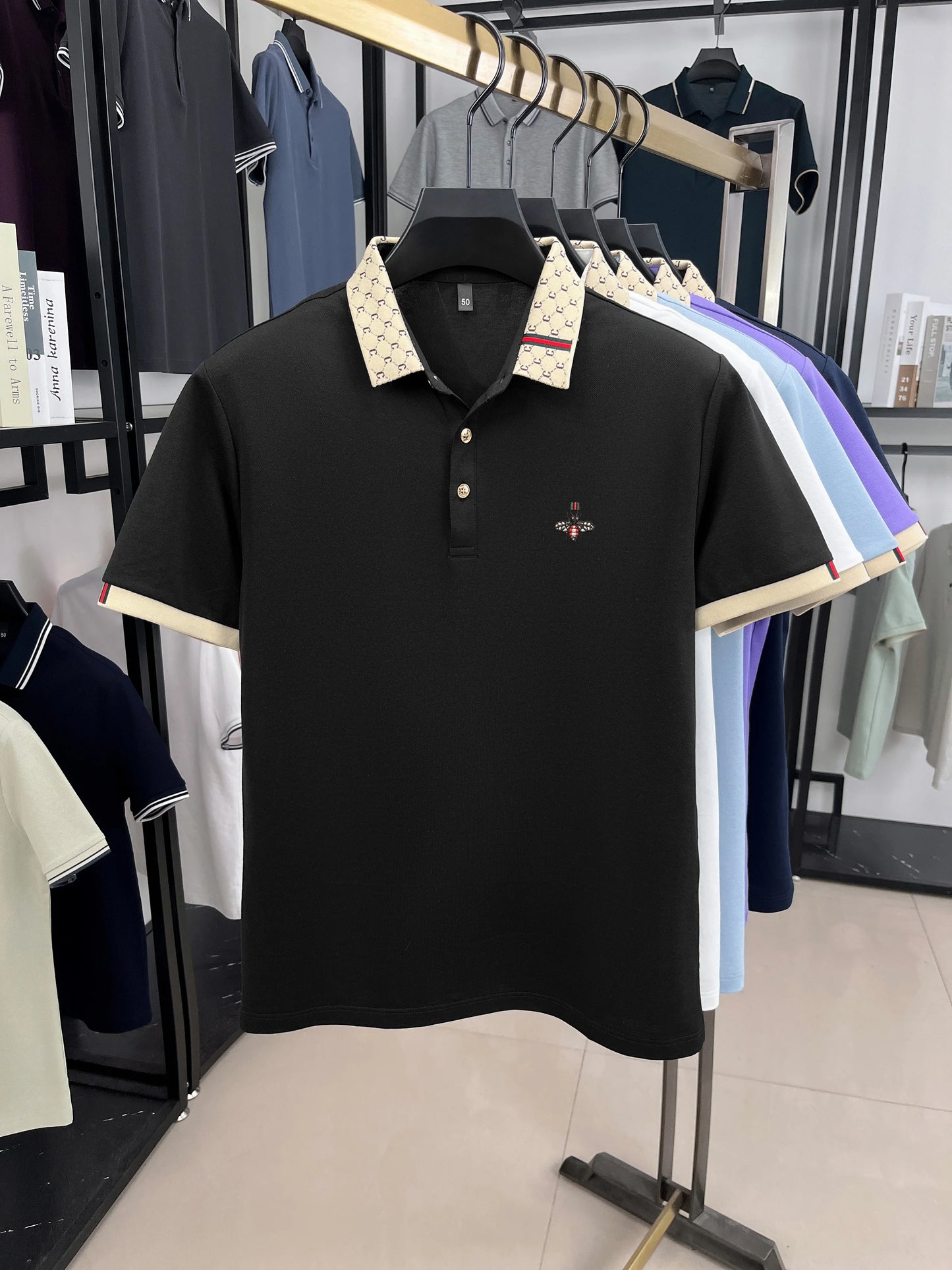 High-End Men’s Polo Shirt – Jacquard Lapel, Little Bee Embroidery & Personality Letter Design | Summer Fashion Trend