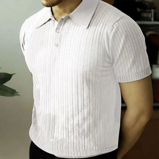 2024 Summer Knit Men’s Polo Shirt – Business Casual Striped Henry Short Sleeve for Comfort & Style