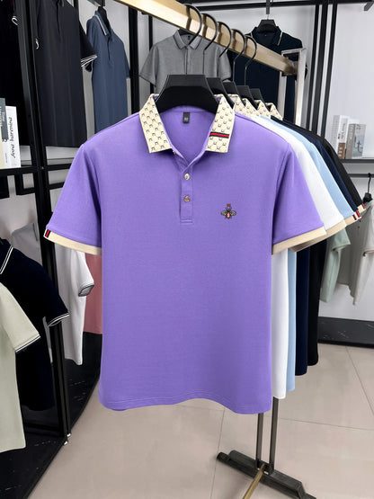 High-End Men’s Polo Shirt – Jacquard Lapel, Little Bee Embroidery & Personality Letter Design | Summer Fashion Trend