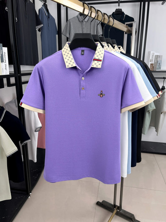 High-End Men’s Polo Shirt – Jacquard Lapel, Little Bee Embroidery & Personality Letter Design | Summer Fashion Trend