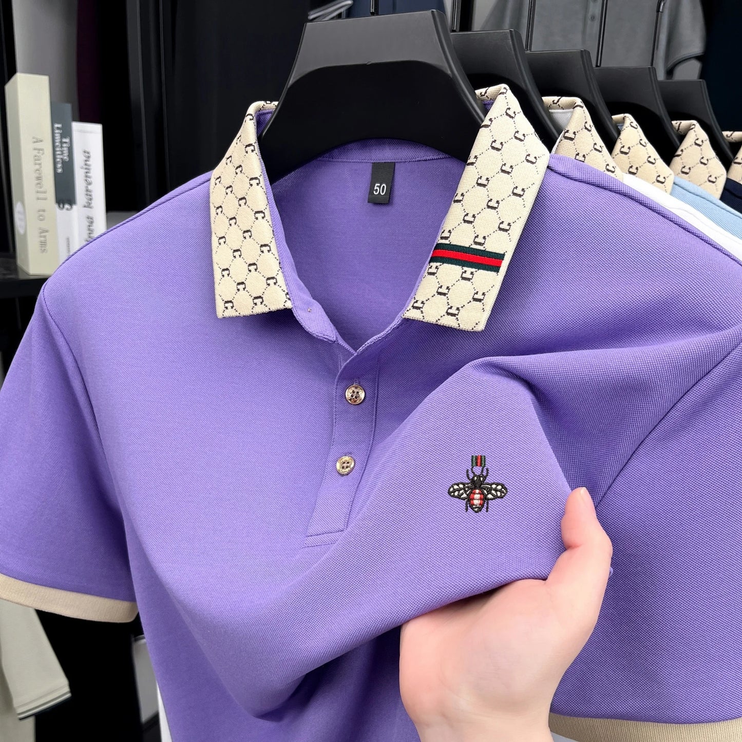 High-End Men’s Polo Shirt – Jacquard Lapel, Little Bee Embroidery & Personality Letter Design | Summer Fashion Trend