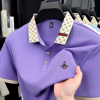 High-End Men’s Polo Shirt – Jacquard Lapel, Little Bee Embroidery & Personality Letter Design | Summer Fashion Trend