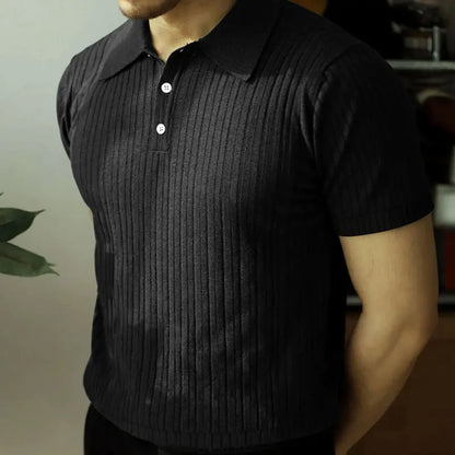 2024 Summer Knit Men’s Polo Shirt – Business Casual Striped Henry Short Sleeve for Comfort & Style