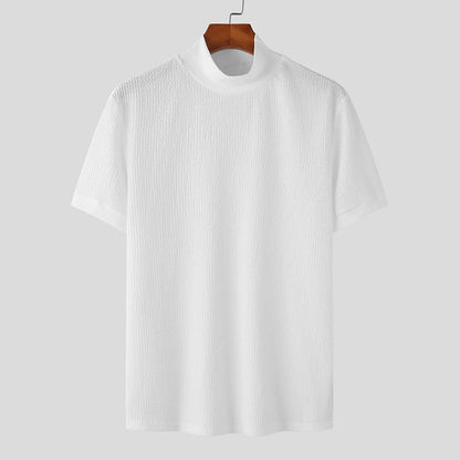 Men’s Summer Slim Fit T-Shirt – Korean Style, High-Neck, Textured Streetwear