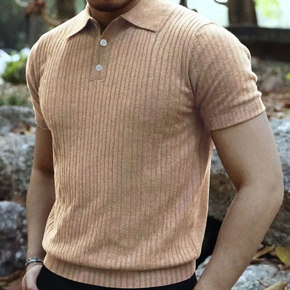 2024 Summer Knit Men’s Polo Shirt – Business Casual Striped Henry Short Sleeve for Comfort & Style