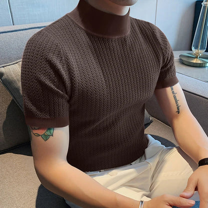 Men’s Summer Slim Fit T-Shirt – Korean Style, High-Neck, Textured Streetwear