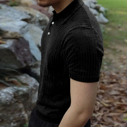 2024 Summer Knit Men’s Polo Shirt – Business Casual Striped Henry Short Sleeve for Comfort & Style