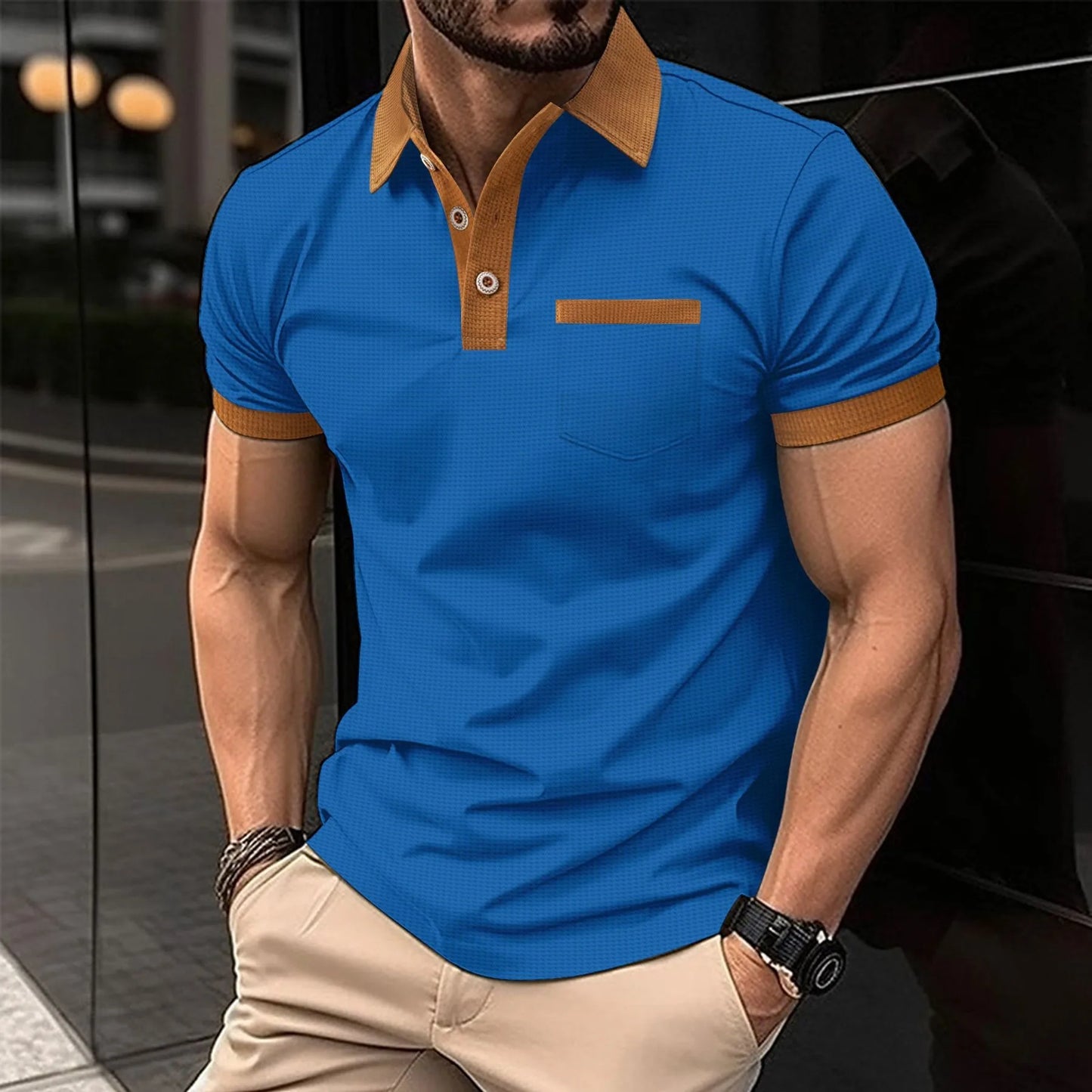 2025 new summer men's short sleeve POLO shirt Waffle color chest pocket short sleeve button T-shirt top