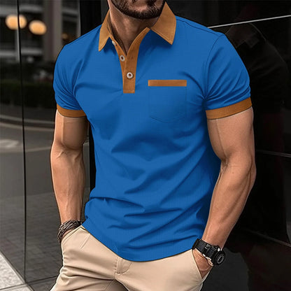 2025 new summer men's short sleeve POLO shirt Waffle color chest pocket short sleeve button T-shirt top