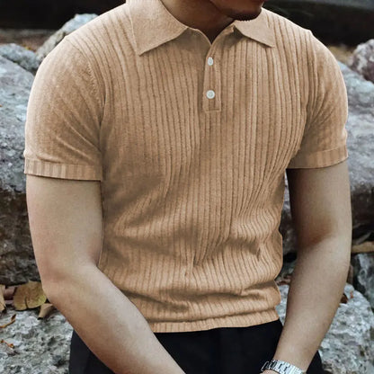 2024 Summer Knit Men’s Polo Shirt – Business Casual Striped Henry Short Sleeve for Comfort & Style