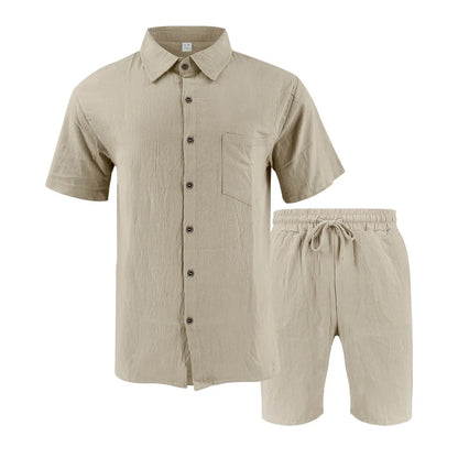 Men's Retro Summer 2-in-1 Set – Cotton & Linen Short-Sleeve Shirt and Shorts, Lightweight Beachwear