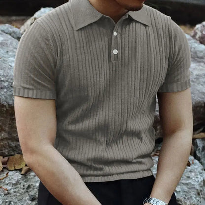 2024 Summer Knit Men’s Polo Shirt – Business Casual Striped Henry Short Sleeve for Comfort & Style