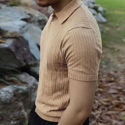 2024 Summer Knit Men’s Polo Shirt – Business Casual Striped Henry Short Sleeve for Comfort & Style