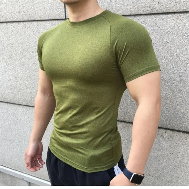 2025 Men’s Compression Workout Shirt – Short Sleeve, Elastic Fit for Gym & Running